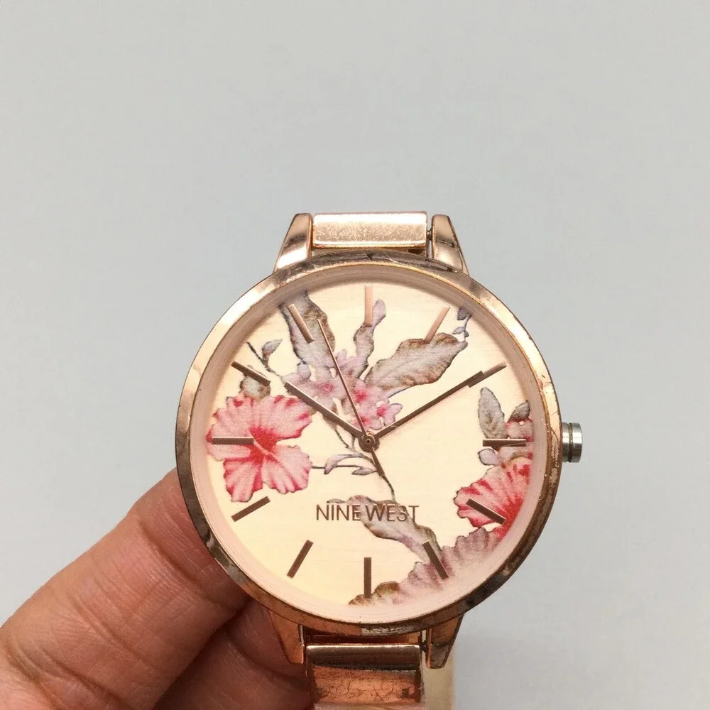 Nine West Womens Watch 38mm Floral Rose Gold Pink Leather NW/2044 New Battery